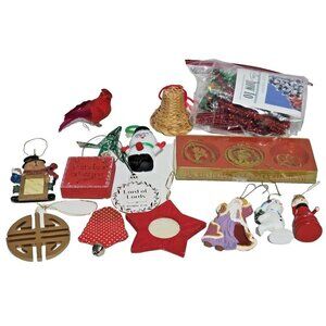 Vintage Christmas Ornaments Decor Lot of 16 Items Cardinal Bird Wood Metal